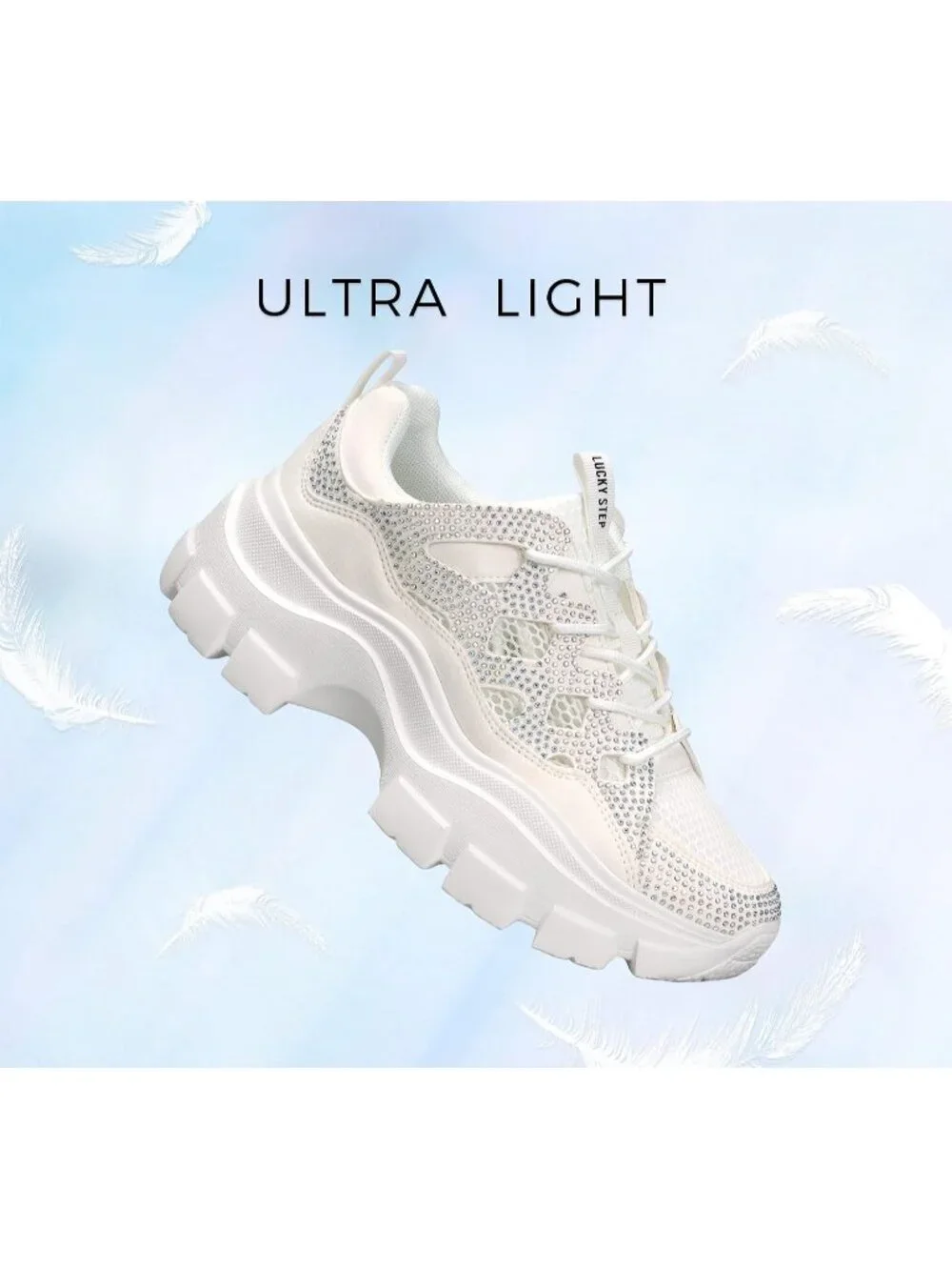 Women's White Rhinestone Lace-Up Color Block Chunky Platform Walking Sneakers